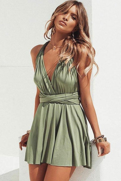 Vestido de fiesta corto convertible de corte A con escote en V, color verde