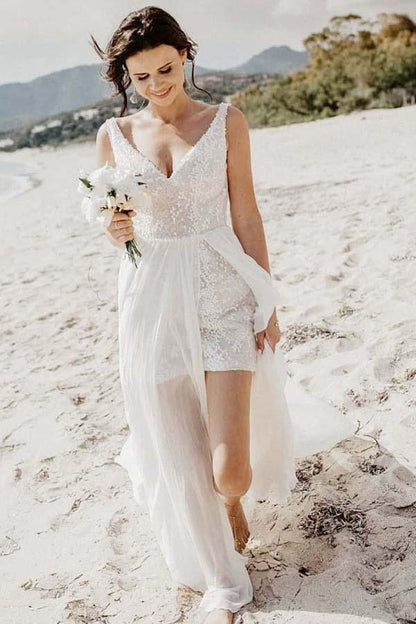 A-Line V-Neck Detachable Train Long Beach Wedding/Bridal Dress