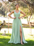 Abito da damigella d'onore in chiffon, linea a trapezio, scollo a V, lunghezza fino al pavimento