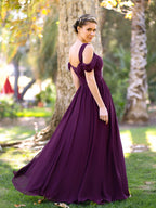 Abito da damigella con scollo a V a linea A in chiffon lungo fino al pavimento