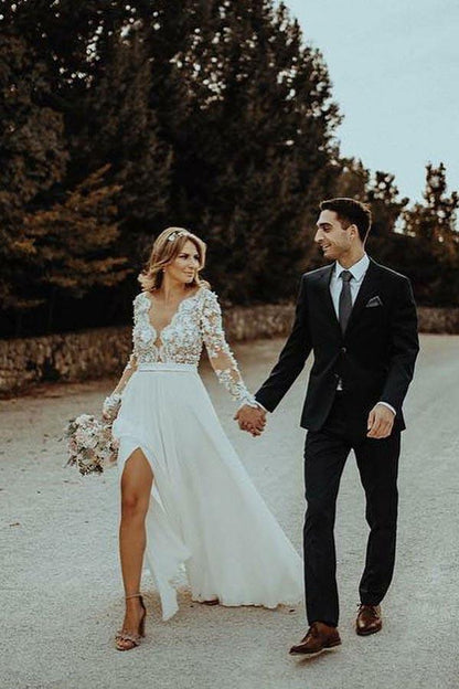 Vestido de novia de gasa con escote en V, largo hasta el suelo, con apliques florales