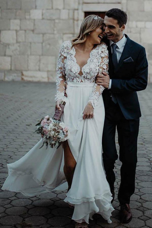 Vestido de novia de gasa con escote en V, largo hasta el suelo, con apliques florales