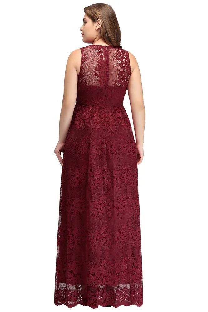 Robes de soirée bordeaux en dentelle, sans manches, à encolure en V, longueur au sol, coupe en A, grande taille