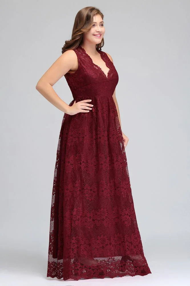 Robes de soirée bordeaux en dentelle, sans manches, à encolure en V, longueur au sol, coupe en A, grande taille