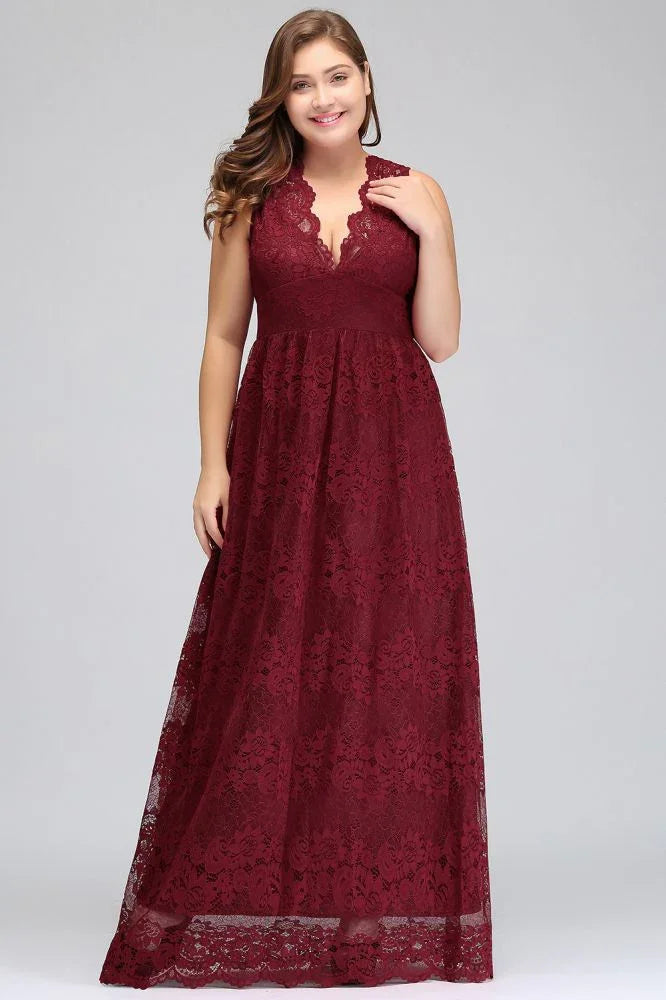 Robes de soirée bordeaux en dentelle, sans manches, à encolure en V, longueur au sol, coupe en A, grande taille