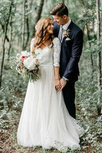 Vestido de novia de tul con escote en V, media manga, espalda descubierta y apliques