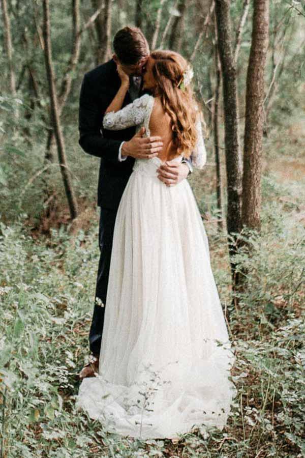 Vestido de novia de tul con escote en V, media manga, espalda descubierta y apliques