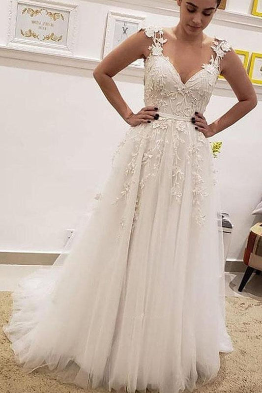Robe de mariée longue en dentelle ivoire à col en V avec appliques WD382 