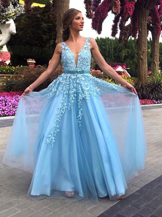 Vestidos de fiesta largos de tul con escote en V y encaje