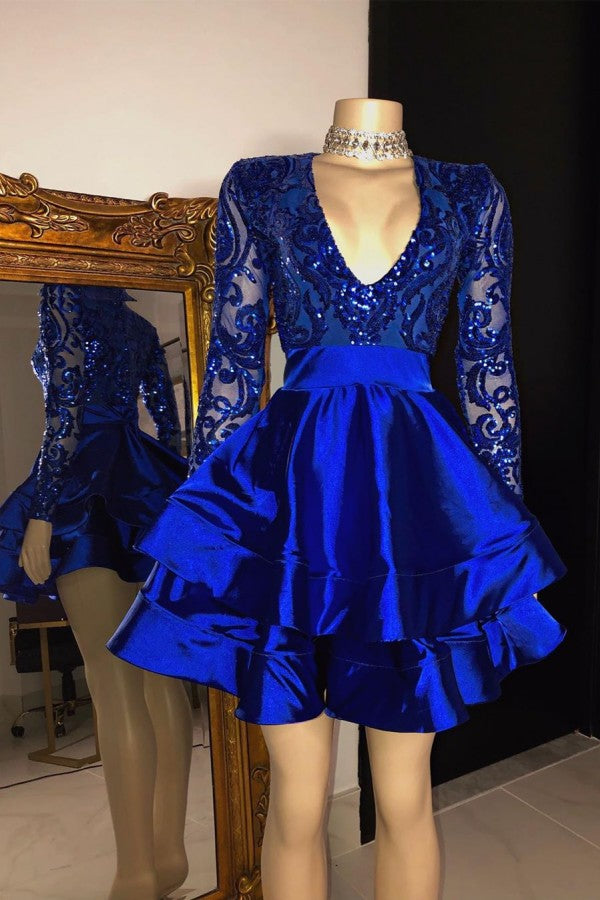 Vestido de fiesta corto con escote en V, capas, lentejuelas y mangas