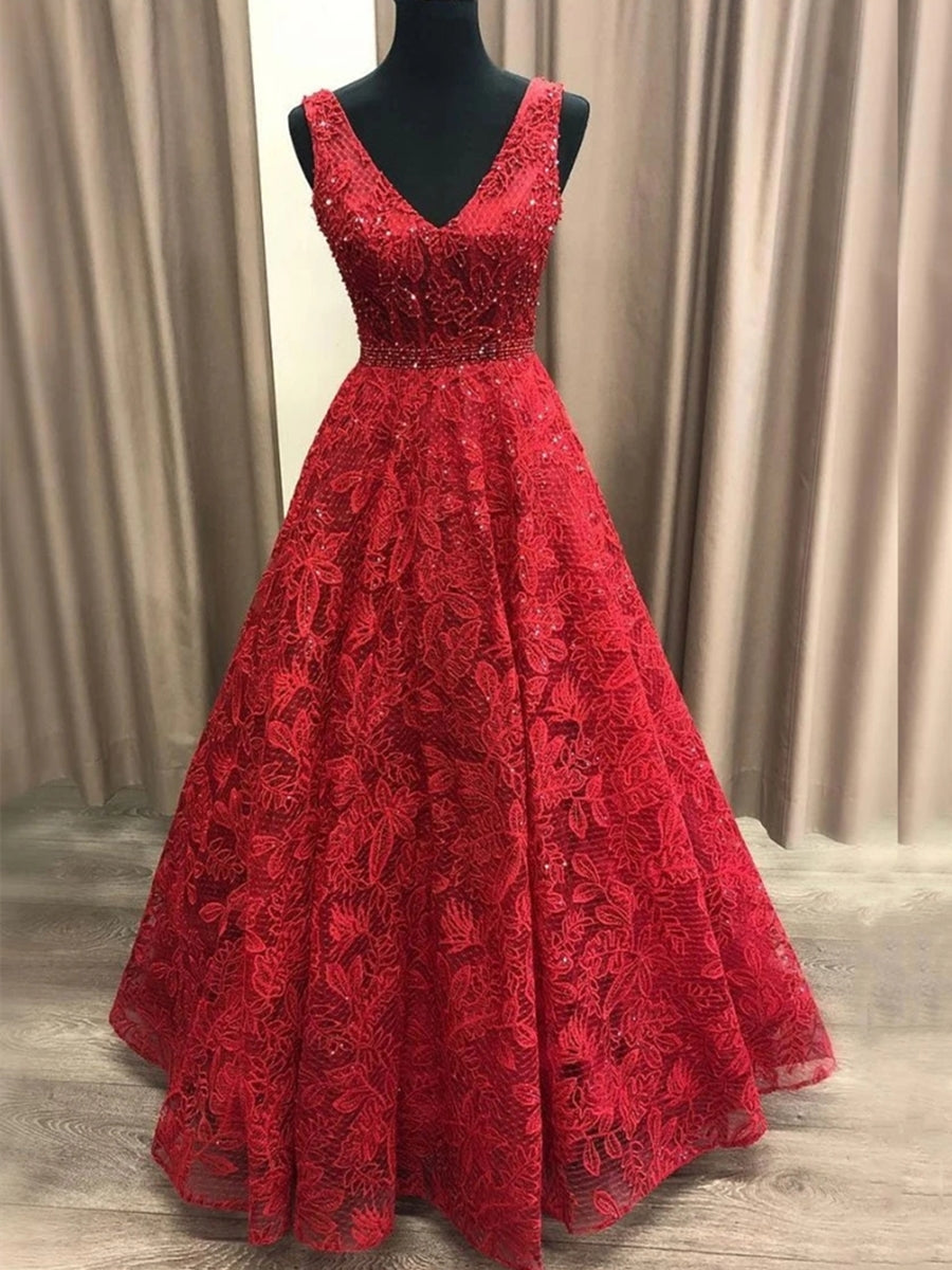 Vestidos de baile compridos em renda com decote em V e corte em A, cor bordô, para formatura e cerimónias formais