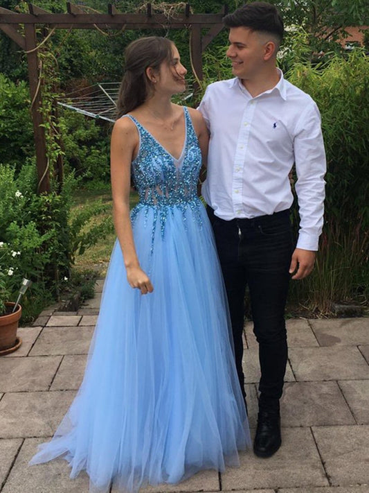 Vestidos de fiesta largos con escote en V y tul con cuentas, vestidos de noche formales