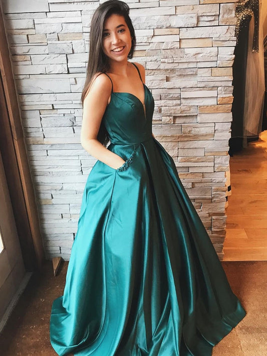 Vestidos de fiesta largos de satén con escote en V y bolsillos, vestidos de noche formales