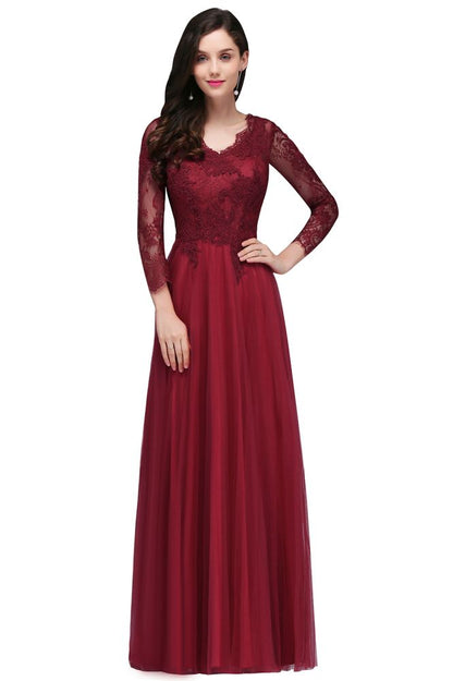 A-line V-neck Long Sleeves Lace Tulle Backless Prom Dresses