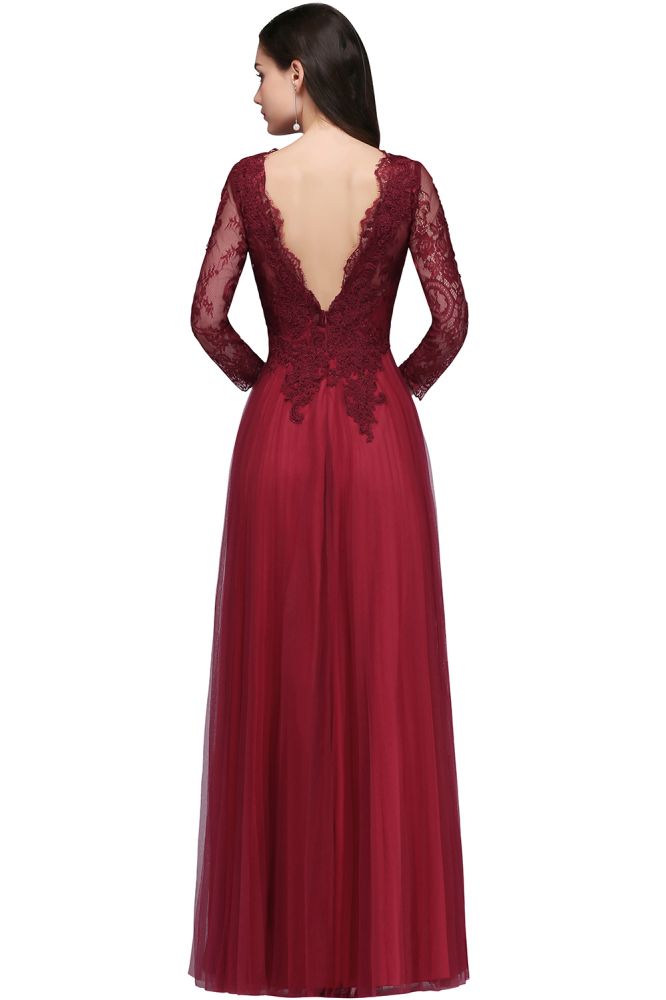 Abito da sera a linea ad A con scollo a V, maniche lunghe, pizzo, tulle e schiena scoperta