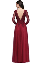 Abito da sera a linea ad A con scollo a V, maniche lunghe, pizzo, tulle e schiena scoperta