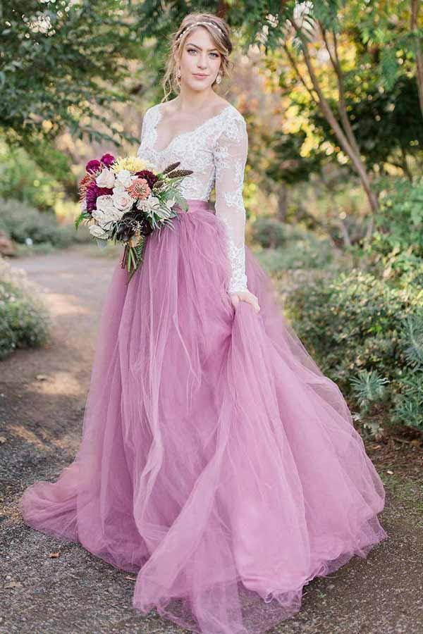 Robe de mariée rose en tulle à manches longues, en ligne A, col en V, avec applications en dentelle