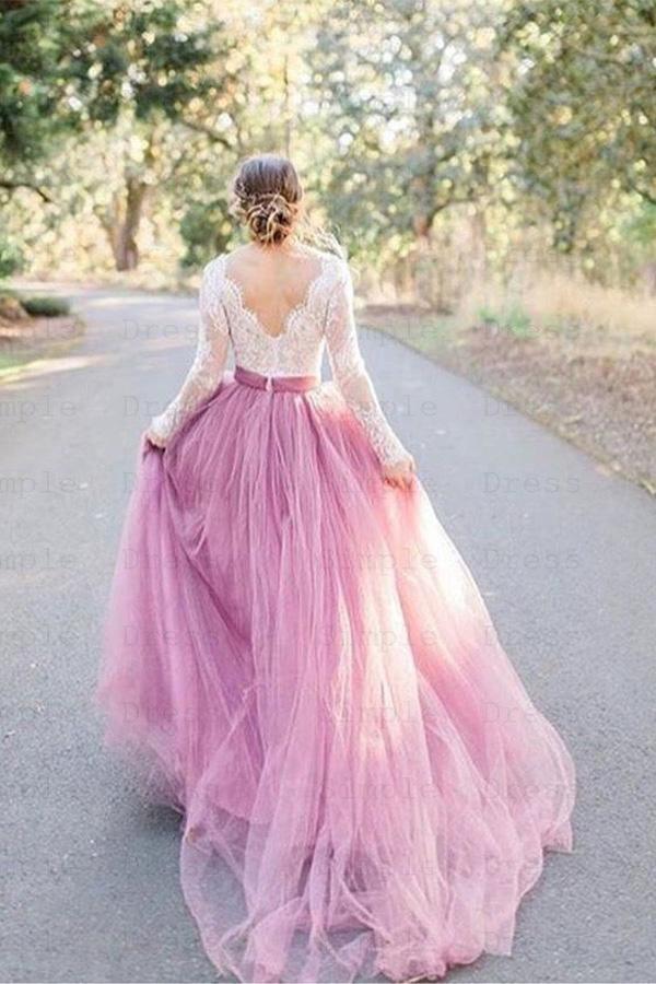 A-Linien-Brautkleid mit V-Ausschnitt und langen Ärmeln aus rosa Tüll mit Spitzenapplikationen