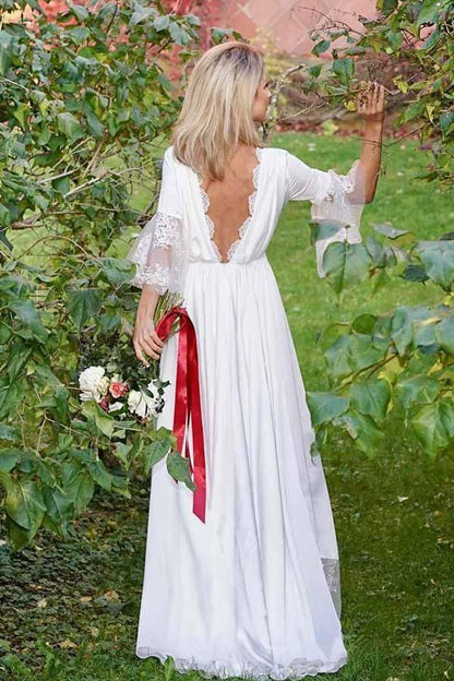 Vestido de fiesta de boda de satén con escote en V, mangas largas y encaje