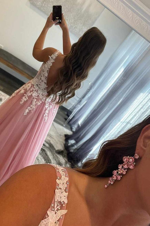 فساتين سهرة طويلة بتصميم على شكل حرف A، برقبة على شكل V، ظهر مفتوح، مزينة بالخرز والدانتيل من التول، باللون الوردي، رسمية لحفلات التخرج والمناسبات