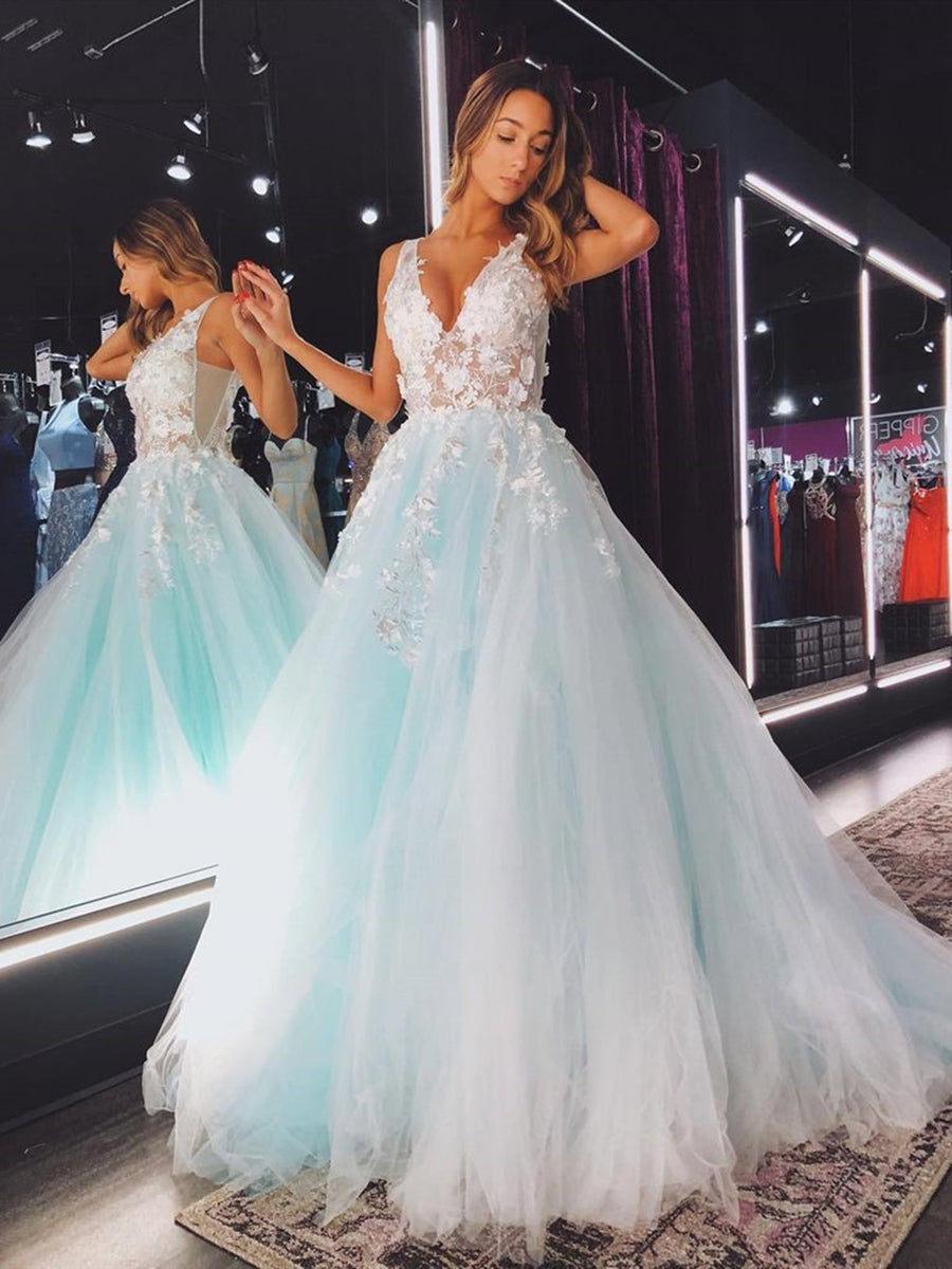 Abito lungo da sera formale in tulle con scollo a V, schiena scoperta, pizzo floreale e linea a trapezio