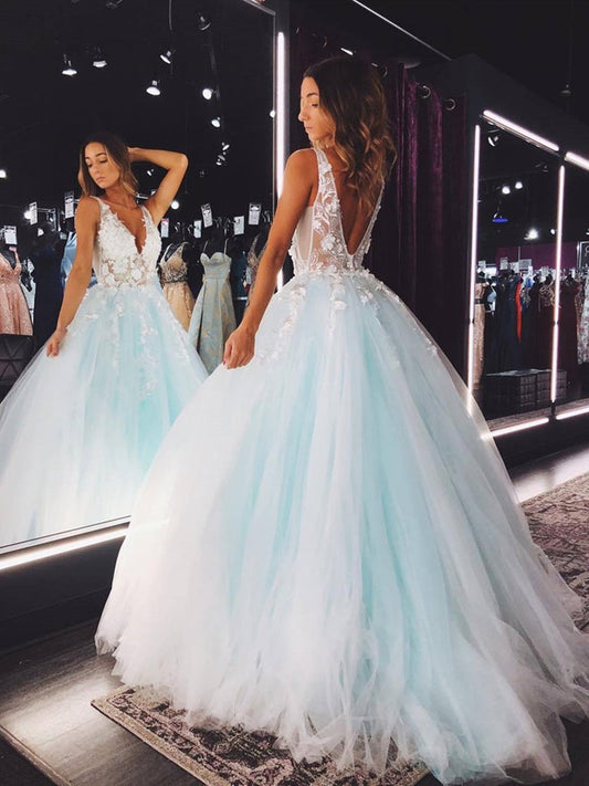 Vestidos de fiesta largos de tul con escote en V, espalda abierta, encaje floral y formales