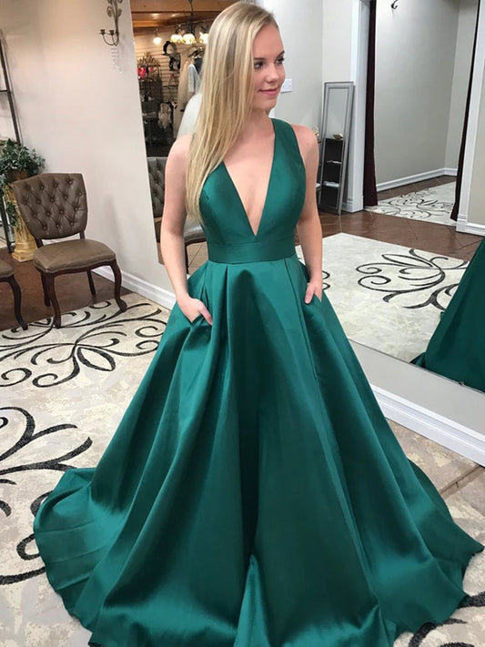 Vestidos de fiesta largos de satén con escote en V, espalda abierta y bolsillo, vestidos de noche formales verdes