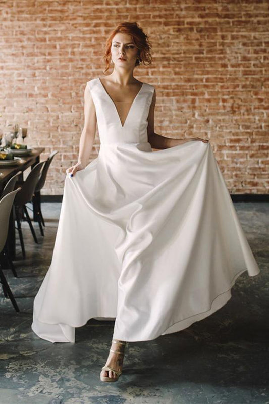 A Line V Neck Open Back Satin Long Wedding Dresses with Pockets