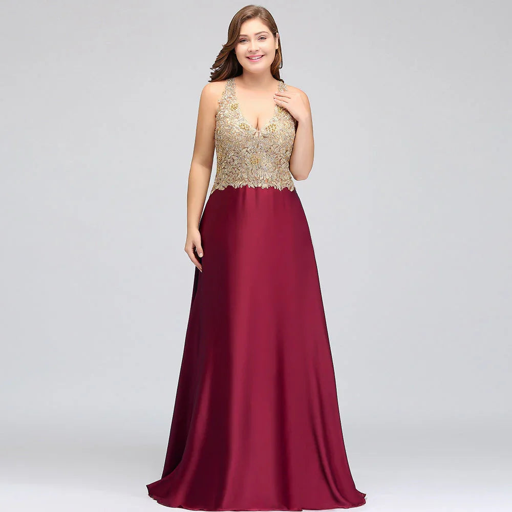 Robes de soirée longues sans manches à encolure en V, coupe en A, grande taille, avec applications