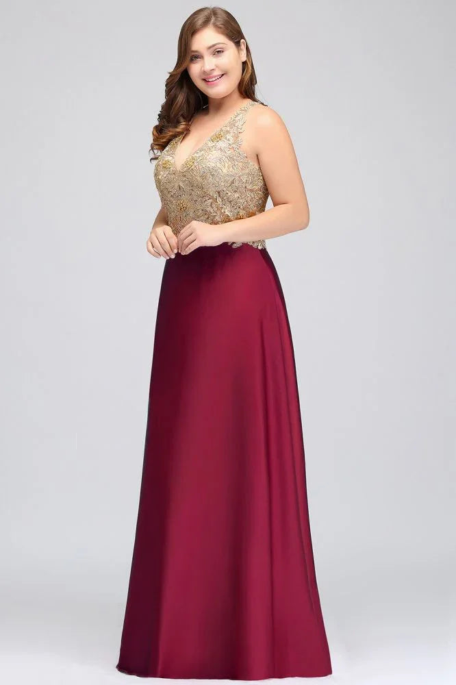 Robes de soirée longues sans manches à encolure en V, coupe en A, grande taille, avec applications