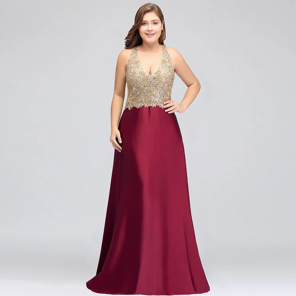 Robes de soirée longues sans manches à encolure en V, coupe en A, grande taille, avec applications