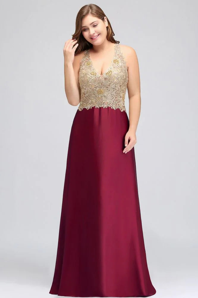 Robes de soirée longues sans manches à encolure en V, coupe en A, grande taille, avec applications