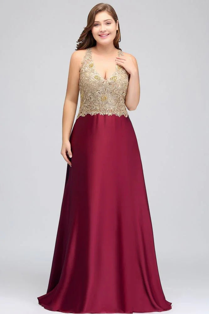 Robes de soirée longues sans manches à encolure en V, coupe en A, grande taille, avec applications