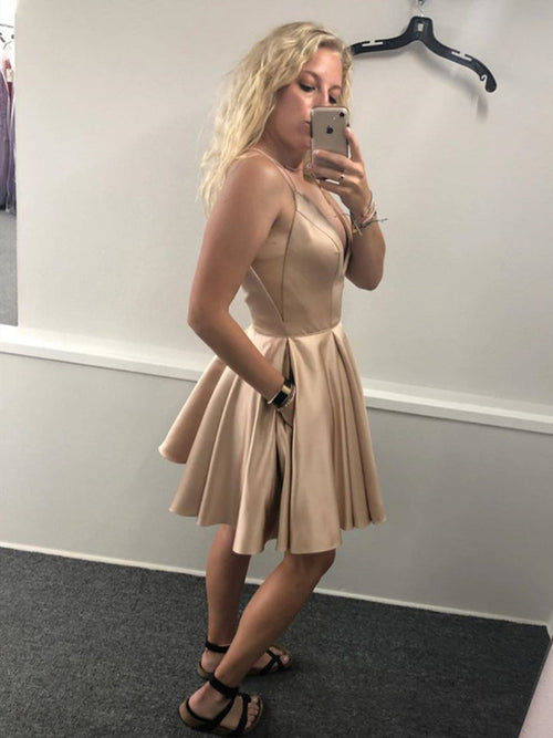 Vestidos curtos de cetim para baile de finalistas com decote em V e corte evasê, com bolsos, champanhe, vestidos para festa de receção