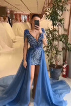 Abito lungo formale senza maniche con scollo a V a linea ad A, ricamato di paillettes, con lunga coda staccabile