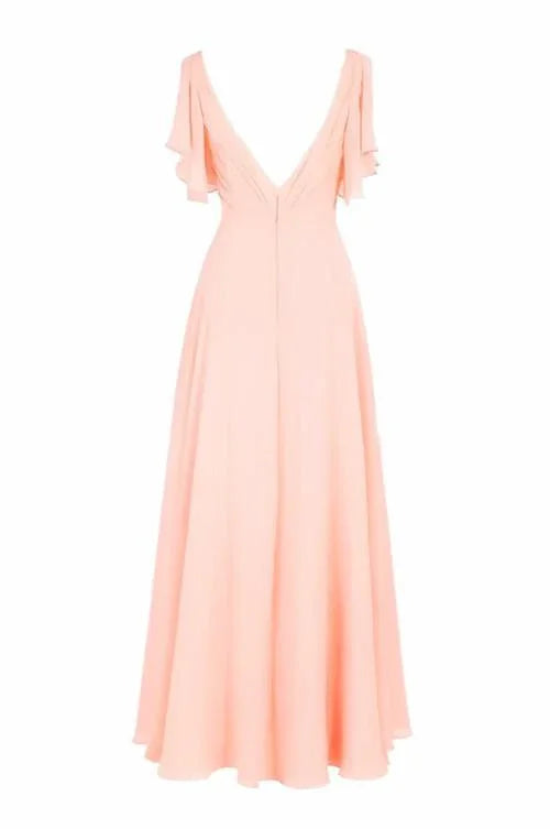 Abito da damigella d'onore in chiffon, linea a, scollo a V, maniche corte, lunghezza fino al pavimento BD014