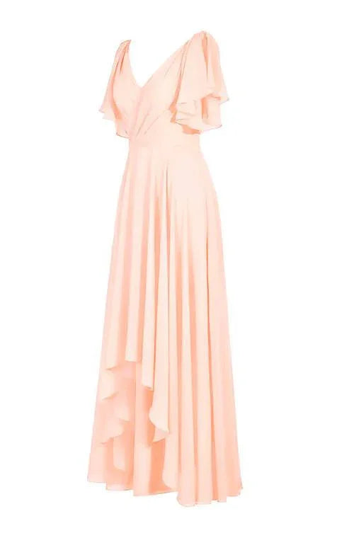 Abito da damigella d'onore in chiffon, linea a, scollo a V, maniche corte, lunghezza fino al pavimento BD014