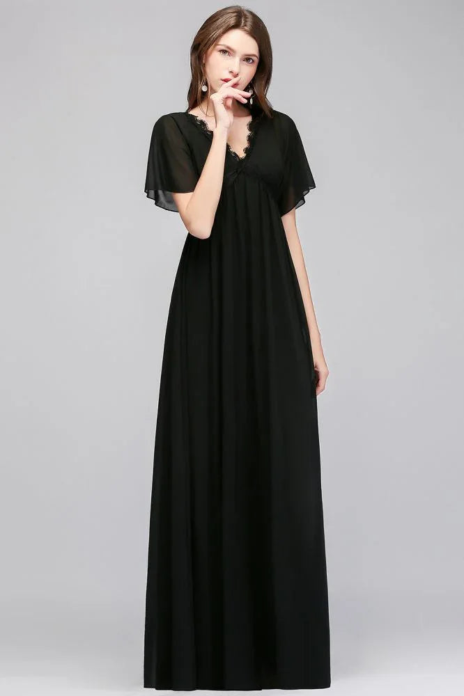 Abito da damigella lungo nero in chiffon con scollo a V e maniche corte a linea ad A