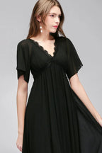 A-line V-neck Short Sleeves Long Black Chiffon Bridesmaid Dress