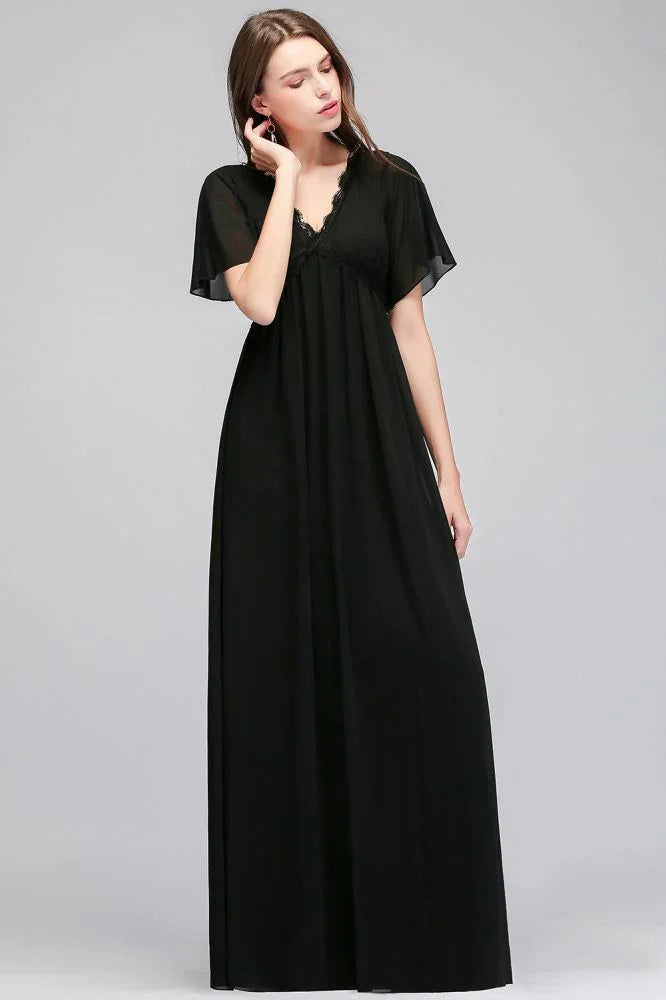 A-line V-neck Short Sleeves Long Black Chiffon Bridesmaid Dress