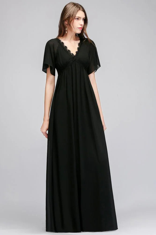 A-line V-neck Short Sleeves Long Black Chiffon Bridesmaid Dress