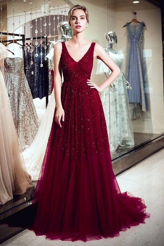 Vestido de noche de tul con lentejuelas burdeos, sin mangas, escote en V y corte A