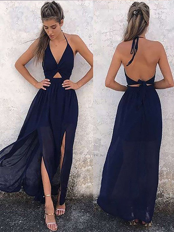 Abito da sera lungo fino a terra senza maniche con scollo a V a linea ad A in chiffon arricciato