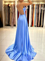 Vestido de Cetim Simples, Longo, em Linha A, com Decote em V, Sem Mangas, para Baile, com Fenda