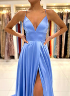 Vestido de Cetim Simples, Longo, em Linha A, com Decote em V, Sem Mangas, para Baile, com Fenda