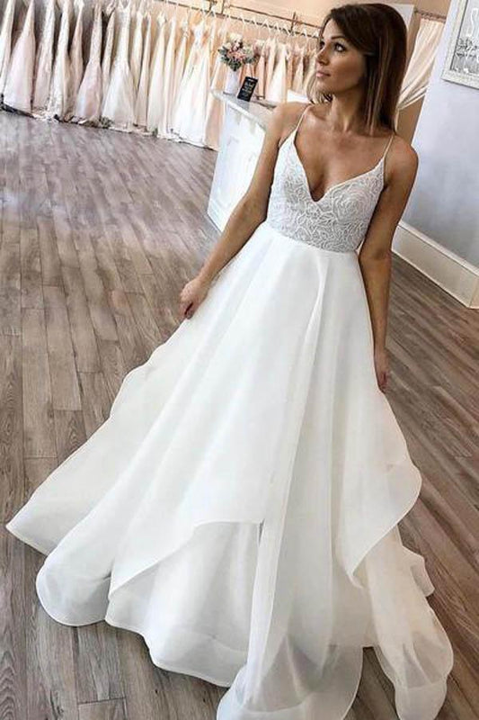 A-Linie V-Ausschnitt Spaghettiträger Charmante Organza Brautkleider