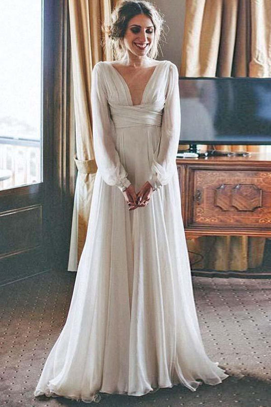 Vestido de noiva de praia em chiffon com decote em V e cauda longa, linha A, com mangas WD389