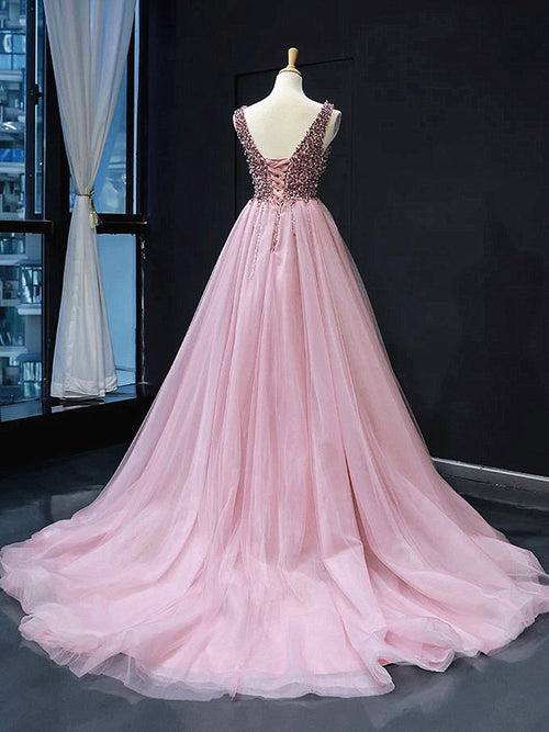 Abito lungo formale da sera con scollo a V, tulle e perline, linea a trapezio, con corsetto sul retro