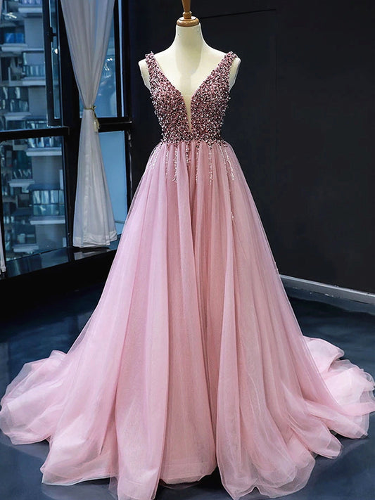 Vestidos de fiesta formales largos de tul con escote en V y cuentas, con espalda de corsé