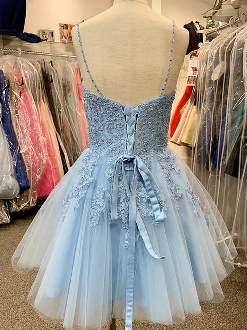 Abito corto da cerimonia con scollo a V, applicazioni in pizzo e tulle a linea ad A